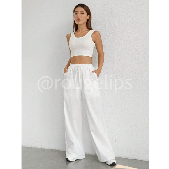White 100% Cotton Elastic Waist Wide Pants with Drawstring Ties Pockets Long - Picture 2 of 10